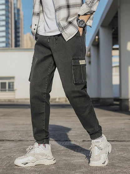 Men's Jogger Jeans Washed Cotton Slight Stretch Multi-Pockets Denim Cargo Pants Asian Size L-6XL