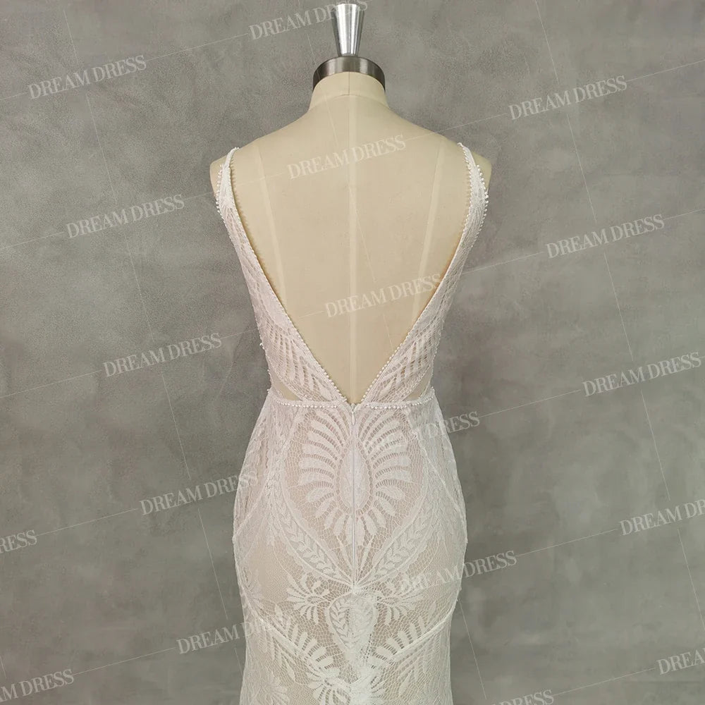 Customized Sexy Lace V Neck Beach Mermaid Wedding Dresses Elegant Spaghetti Straps Bridal Gowns Backless Vestidos De Novia