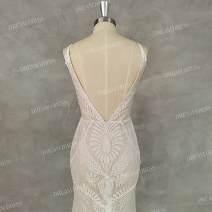Customized Sexy Lace V Neck Beach Mermaid Wedding Dresses Elegant Spaghetti Straps Bridal Gowns Backless Vestidos De Novia