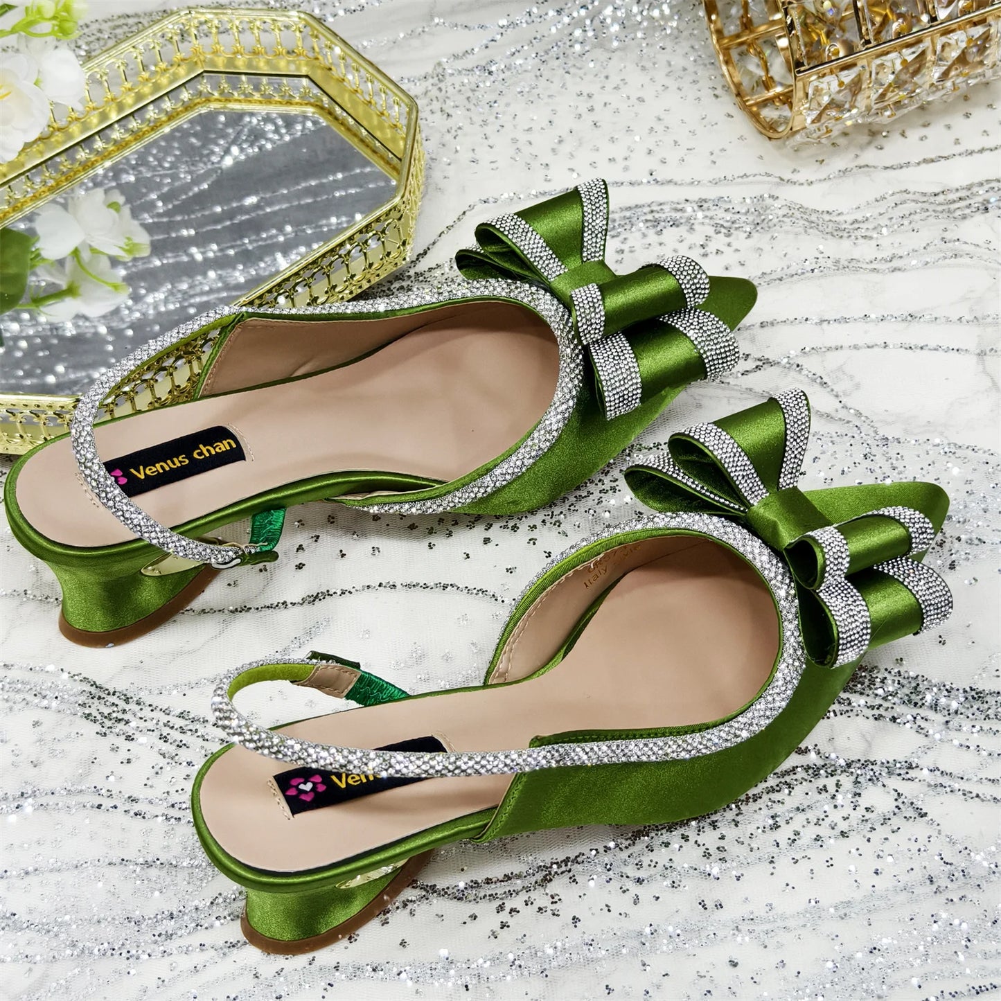 2025 New Olive Green Pointed Toe INS Party Wedding Italy Design Women's High Heels Shoes and Bag to Match Italian