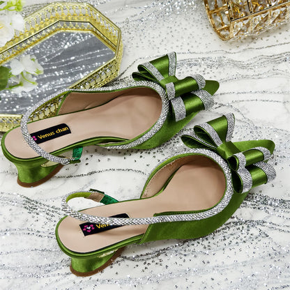 2025 New Olive Green Pointed Toe INS Party Wedding Italy Design Women's High Heels Shoes and Bag to Match Italian