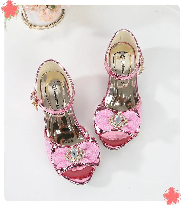 Girls Princess Sandals Summer Open-toe Elegant Children High Heels Fashion Sequins Crown Kids Causal Glitter Wedding Dress Shoes