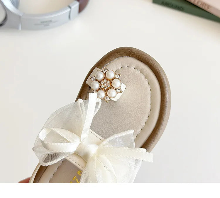 Brand Designer Ribbons Sandals for Girls Beaded Flip Flop Evening Party Dress Shoes Tulle Bow-tie Child Shoes Girl Sandal I06034