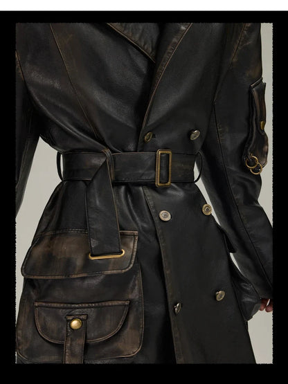 Spring Autumn Long  Distressed Black Pu Leather Trench Coat Men Belt Double Breasted Luxury European Fashion 2023