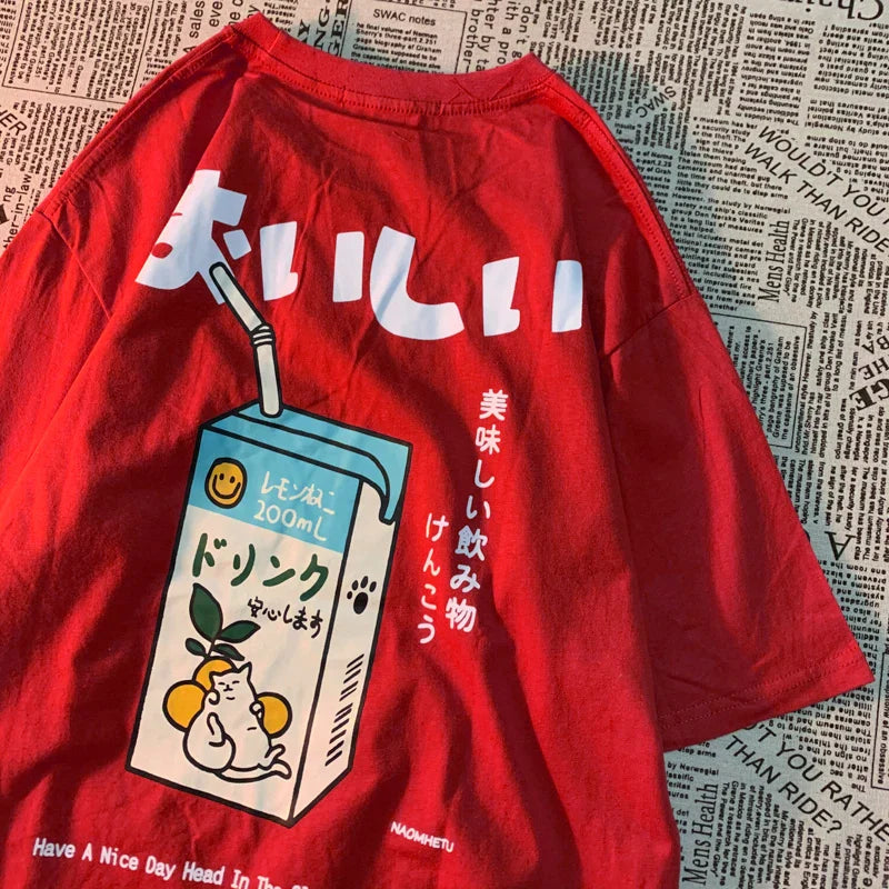 Cute Japanese Cat Print Plus Size T-shirt Women Summer Short Sleeve Loose Casual Tee Shirt Streetwear Cotton Harajuku Clothing