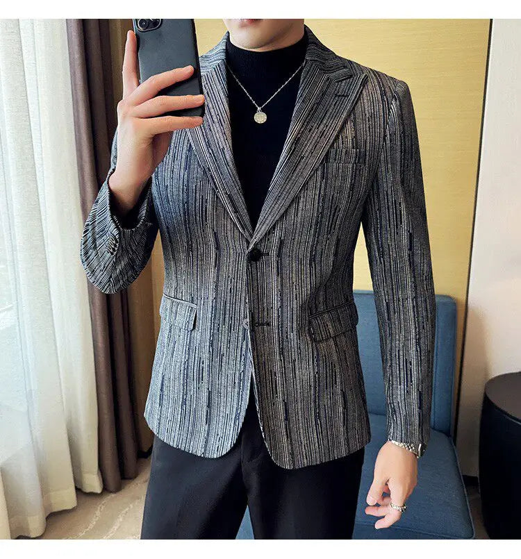 Fashion Meteor Line Checkered Elegant Suit Jacket Men Fashion De Luxe Business Slim Fit Single Breasted Social Party Dress Coats