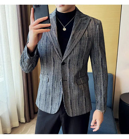 Fashion Meteor Line Checkered Elegant Suit Jacket Men Fashion De Luxe Business Slim Fit Single Breasted Social Party Dress Coats