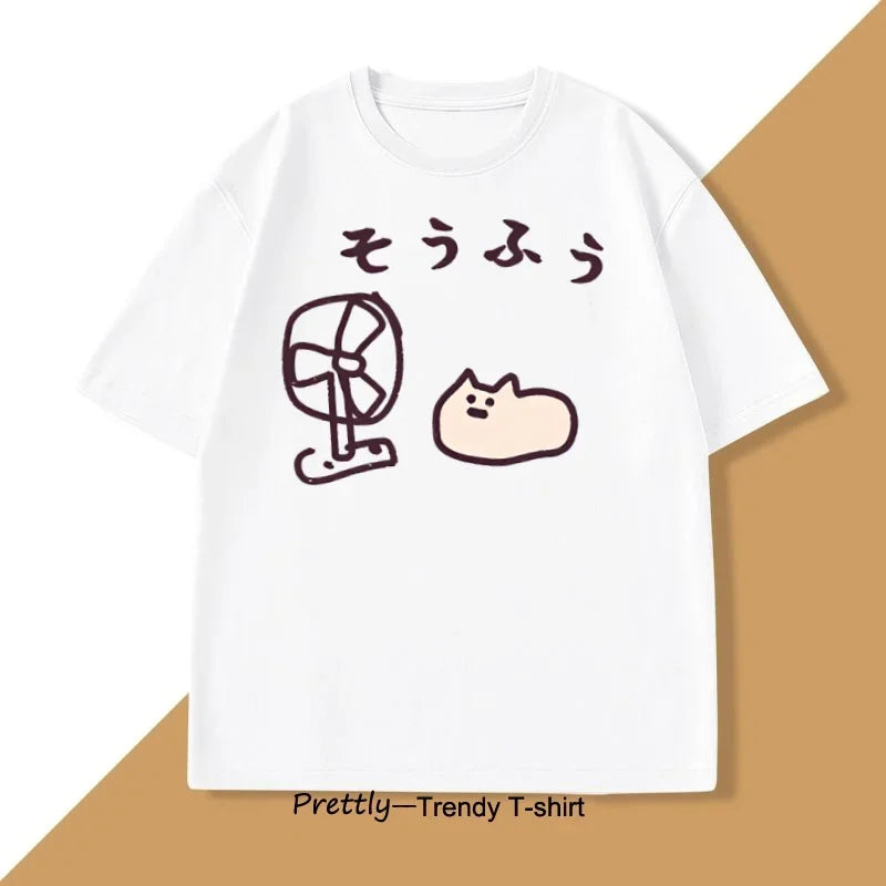 Cool Japanese Style Fan Cat T-shirt Women Funny Short Sleeve Tshirt Graphic T Shirts Summer Streetwear Pritned Tees