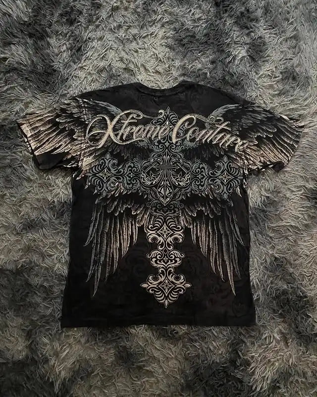 Retro Xtreme Angel Wing Men Yellow Short Sleeves Harajuku High Street American Fashion T-shirt Man Women Summer Tops