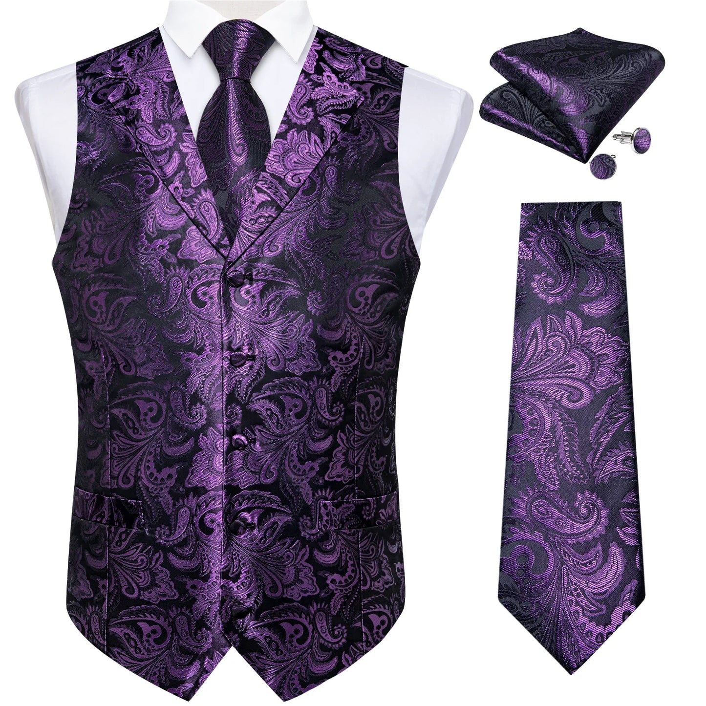 Men's Vest Tie Set Paisley Tuxedo Suit Waistcoat and Necktie Hankerchief Cufflinks for Wedding Party Groom Clothing