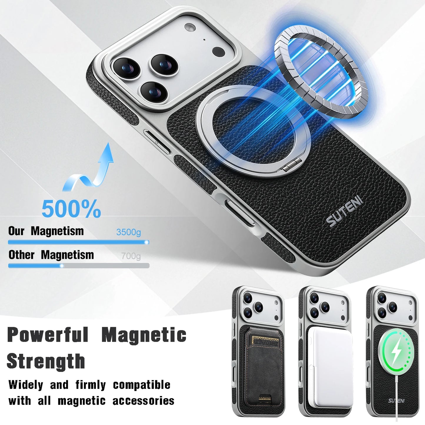Faux Leather Magnet Wireless Charging Phone Case 360° Rotating Stand Ring Buckle Frosted Feel For iPhone 17 Pro Max 16 15