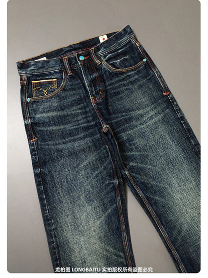 High Quality 100% Cotton Washed Yellow Selvedge Denim Jeans for Men American Vintage Casual Spring Autumn Loose Straight Pants