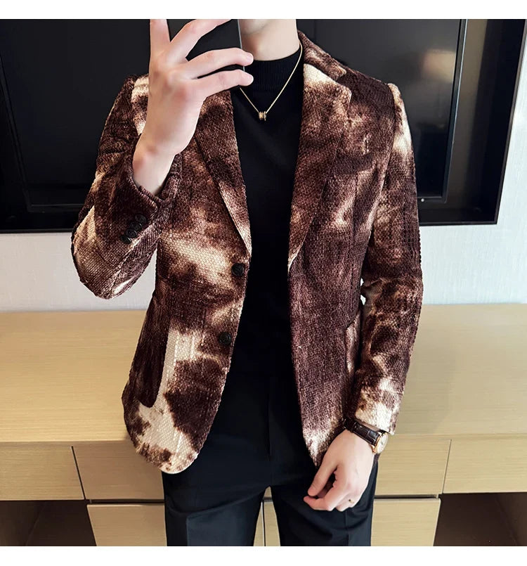 High QualityTie Dye Chenille Men Fashion Casual Suit Jacket Autumn Winter New Korean Slim Fit Social Wedding Suit Blazer