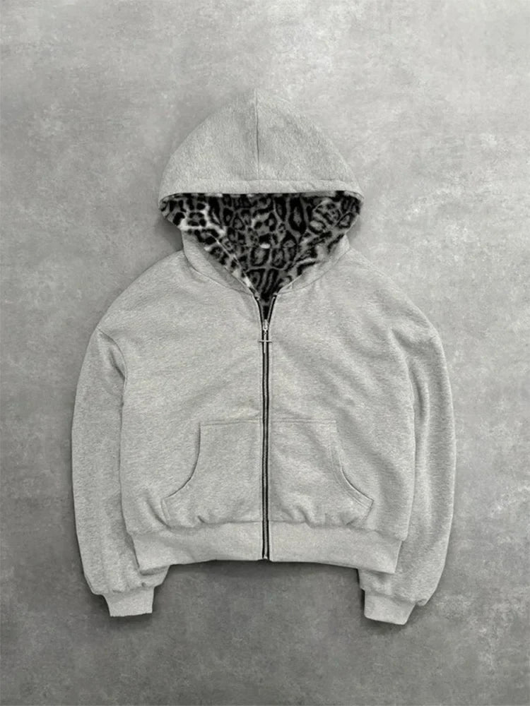 Autumn/Winter Leopard Grey Double sided Zipper Hoodie Men's Casual High Street Warmth Hoodie men's autumn clothing  2025 new