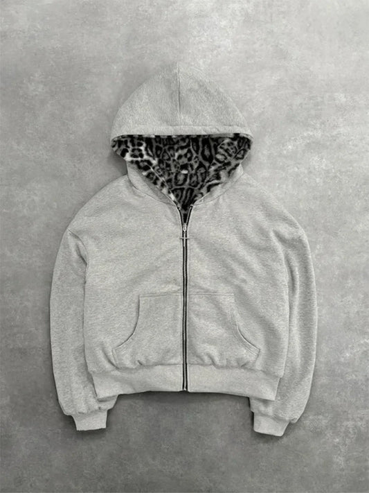 Autumn/Winter Leopard Grey Double sided Zipper Hoodie Men's Casual High Street Warmth Hoodie men's autumn clothing  2025 new