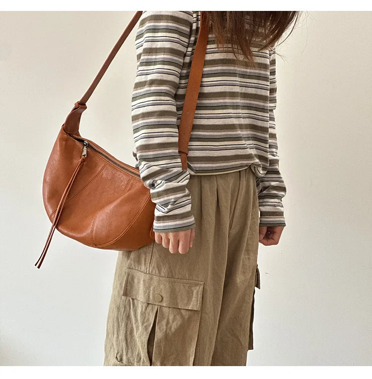 2026 New Genuine Leather Women's Bag Casual Solid Color Versatile Saddle Bag Soft Cowhide Shoulder Crossbody Bags