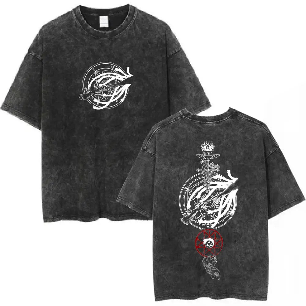 Anime Fullmetal Alchemist Washed T Shirts Edward Elric Alphonse Elric T-Shirt Men's Women Fashion Casual Oversized T-shirts Tops