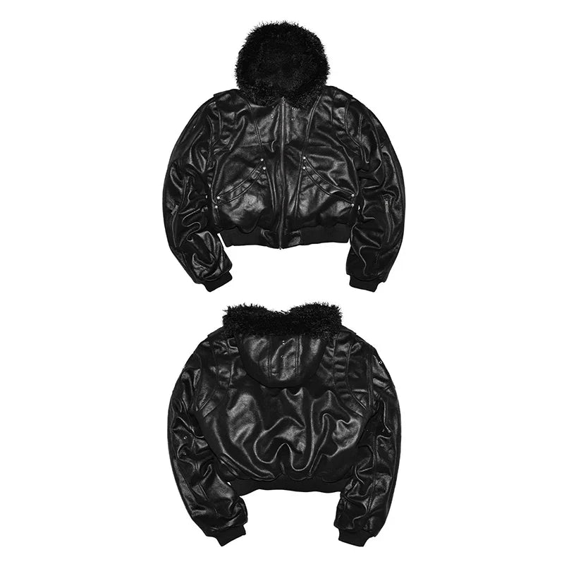 Spring Autumn Cool Short Oversized Thick Warm Pu Leather Jacket Men with Faux Fur Trim Hood Luxury Designer Clothes