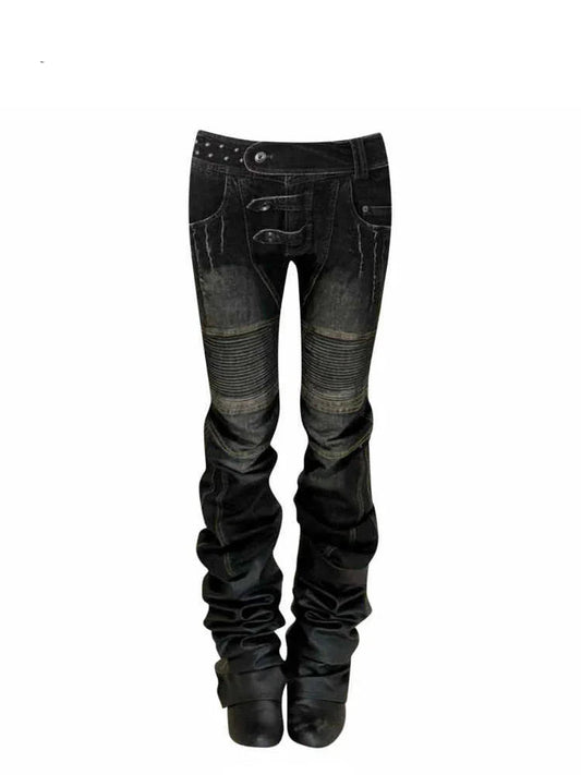 Women's Dark Academia Low Rise Stacked Jeans American Retro Denim Pants Y2k Abi Designer Skinny Jeans Harajuku Japanese Goblin