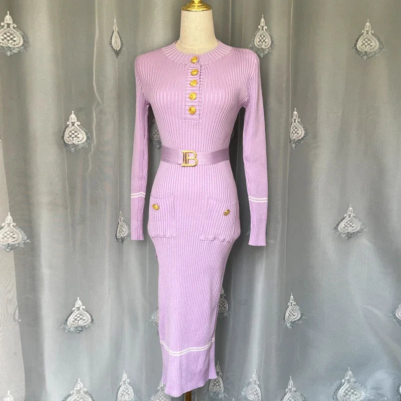 2025 Autumn Winter Women Knitted Dress Brand Fashion O-neck Buttons Bodycon Sweater Dress with Belt Lady Office Dress