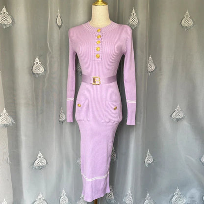2025 Autumn Winter Women Knitted Dress Brand Fashion O-neck Buttons Bodycon Sweater Dress with Belt Lady Office Dress