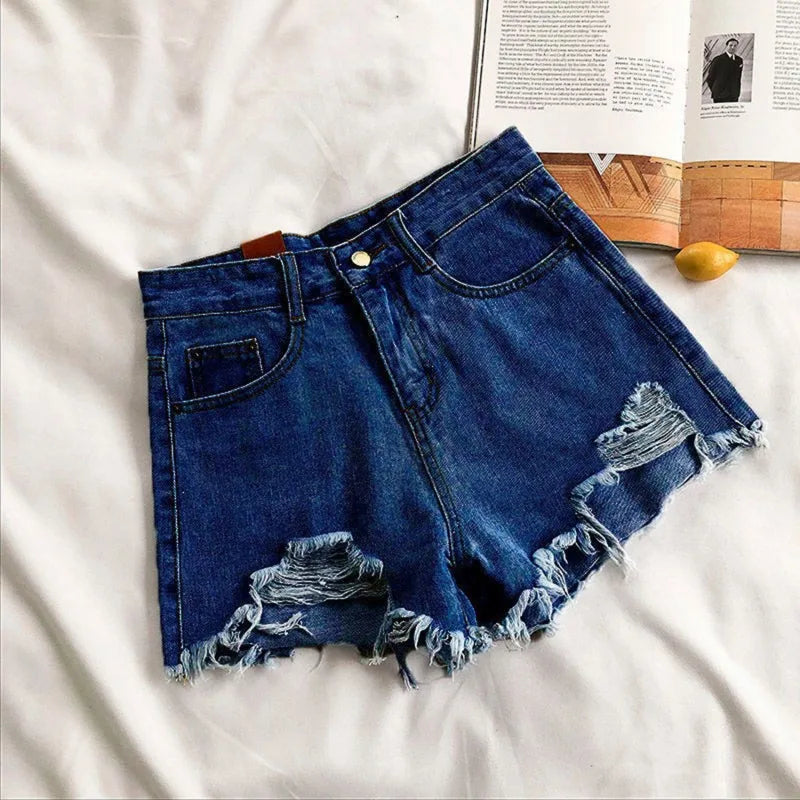 Korean Denim Shorts Women Summer Fashion Casual High Waist Ripped Jeans Pocket Tassel Y2K Hot Pants Streetwear Blue Trousers