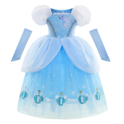 Princess Cinderella Girls Cosplay Cinderella Blue Short Sleeves Costume Kid Halloween Birthday Party Dress + Sleeves Suit