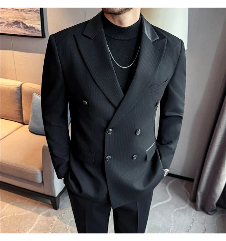 (1 Pcs Jackets) New Thicken Thicken Striped Casual Suit Jacket Fashion Splicing Leather Neck Men's Business Slim Blazers Tuxedos
