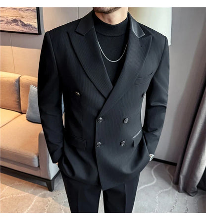 (1 Pcs Jackets) New Thicken Thicken Striped Casual Suit Jacket Fashion Splicing Leather Neck Men's Business Slim Blazers Tuxedos