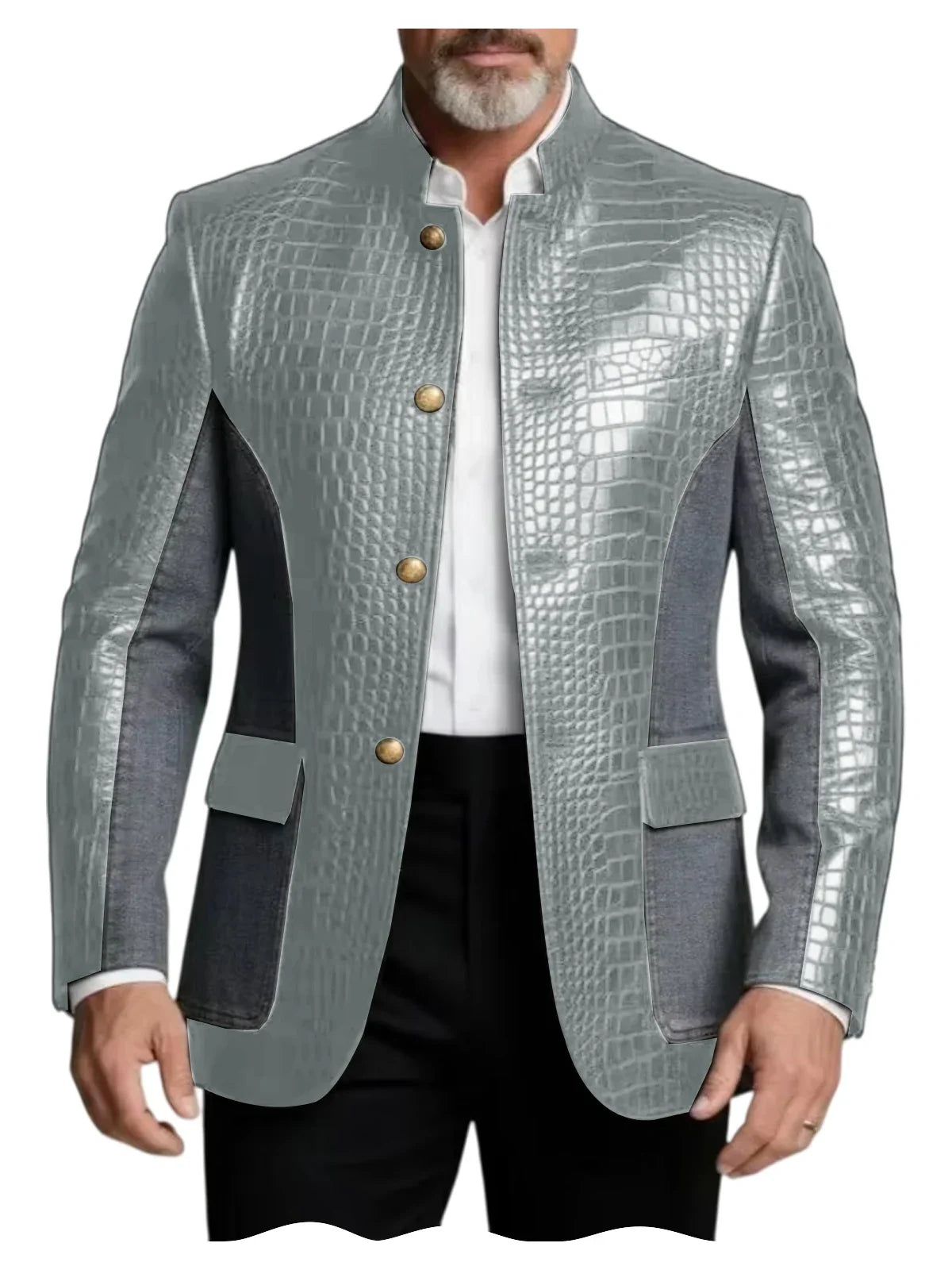Men's Crocodile Embossed Leather Brown Jacket Patchwork Denim Stand Collar Slim Fit Luxury PU Blazer For Business Casual Party