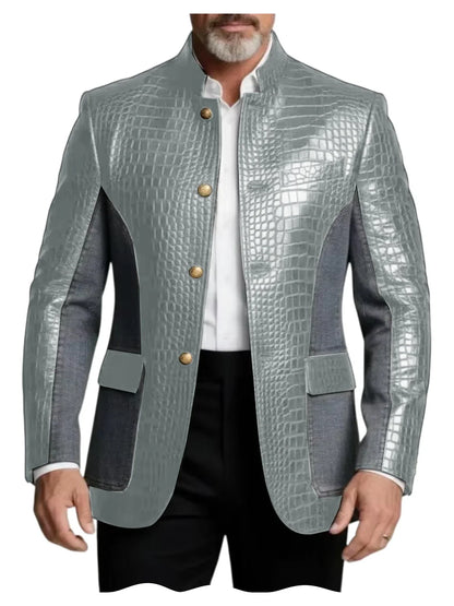 Men's Crocodile Embossed Leather Brown Jacket Patchwork Denim Stand Collar Slim Fit Luxury PU Blazer For Business Casual Party