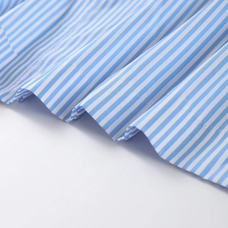 Elegant Women's Striped Long Dress Summer Lace Up Turn-Down Collar Single-breasted Blue A-line Dresses 2026 Lady Holiday Robes