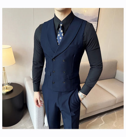 Men Luxury Double Breasted Design Solid Vest Formal Groom Wedding Dress Suit Vest Set Fashion Mens Club Singer Clothing 6XL-M