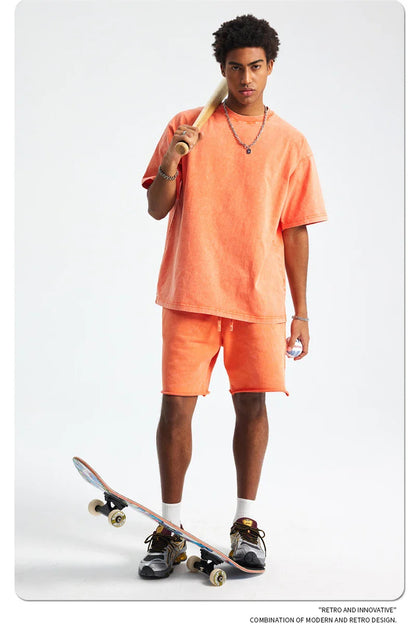 2025 High Street Summer Washed Cotton T-Shirt Tees For Men Unisex Loose Retro Solid T Shirts Brand Tops HY0113