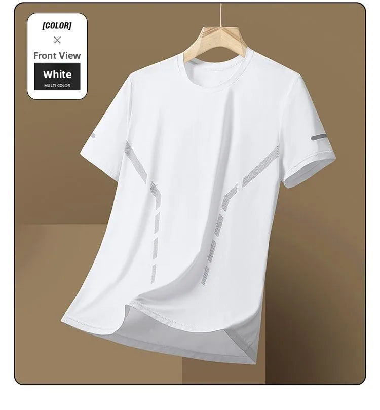 Ice Silk Men's T-Shirt Quick Dry Thin Short Sleeve Breathable Half Sleeve Large Size Casual Sporty Trendy round Neck Short Sl...