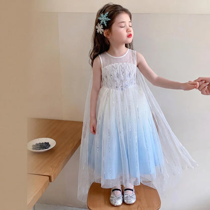 Elsa Princess Dress w/ Cape 2026 New Summer Frozen Cosplay Dresses for Little Girls Birthday Party Sleeveless Mesh Evening Dress
