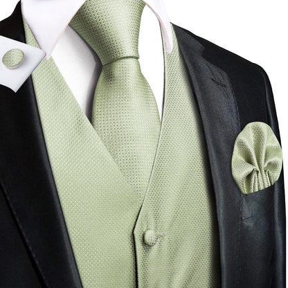 Silk Mens Suit Vests 4PC Woven Sage Green Solid Waistcoat Tie Pocket Square Cufflinks Business Wedding Dress Waist Jacket