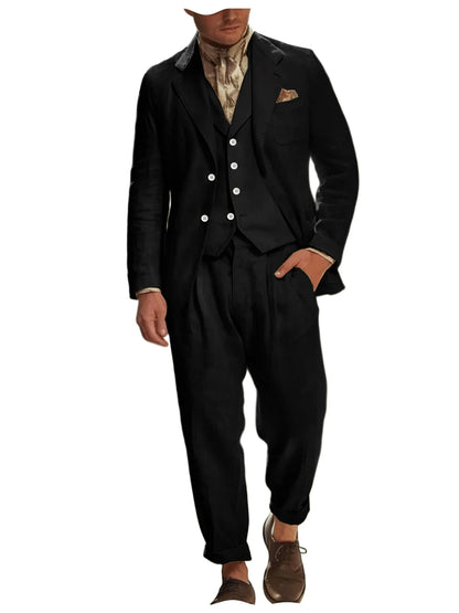 Italian Style Men's Linen 3 Piece Set Notch Lapel 2 buttons Blazer+Vest+Pants Breathable Lightweight Summer Casual Business Suit