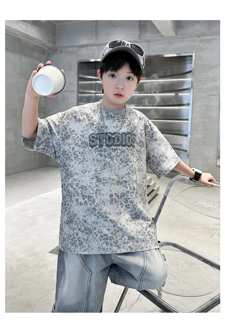 Baby Child Summer Cotton Suit With Shorts for Boy Leopard Print T-shirt + Denim Shorts Top and Bottom Clothes Set For Kids 2-14Y