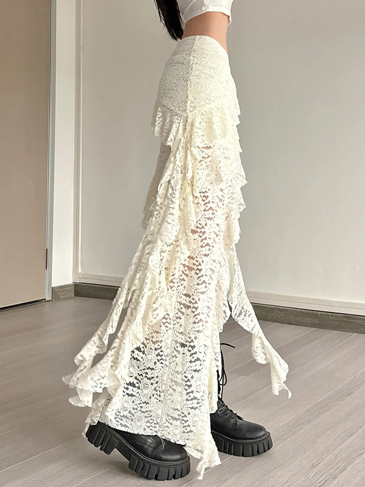 Women Tassel Skirt Irregular Hem Multi Layered Ruffles Lace Patchwork Sweet Summer Daily Wear Skinny Versatile Purple Skirt