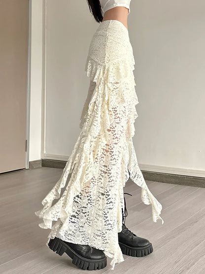 Women Tassel Skirt Irregular Hem Multi Layered Ruffles Lace Patchwork Sweet Summer Daily Wear Skinny Versatile Purple Skirt