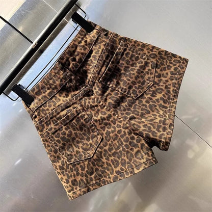 2025 Leopard Print High Waist Denim Shorts Women's New Irregular Fashion Wide-leg Pants Booty Shorts Jeans Mini Shorts Summer