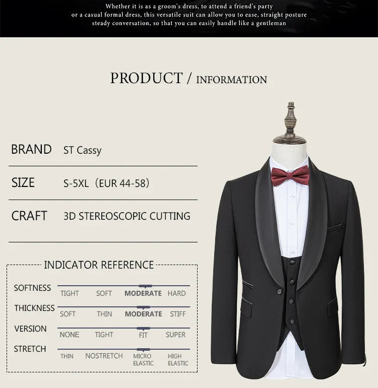 Men's Suit Black Collar Formal Dress Wedding Three-Piece Suit Orthodox Suit Vest Pants