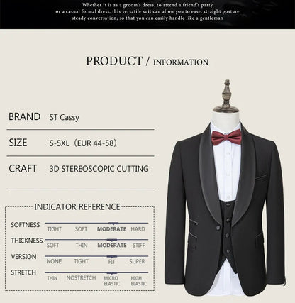 Men's Suit Black Collar Formal Dress Wedding Three-Piece Suit Orthodox Suit Vest Pants