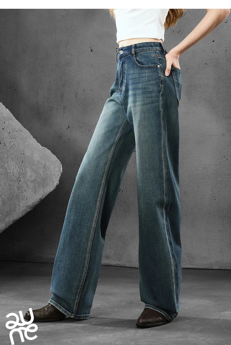 Women Denim Jeans 2025 Autumn New Lycra Stretch Straight Wide Leg Long pants