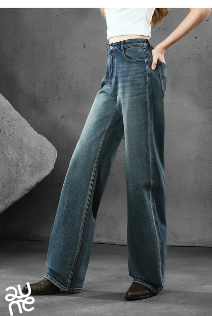 Women Denim Jeans 2025 Autumn New Lycra Stretch Straight Wide Leg Long pants