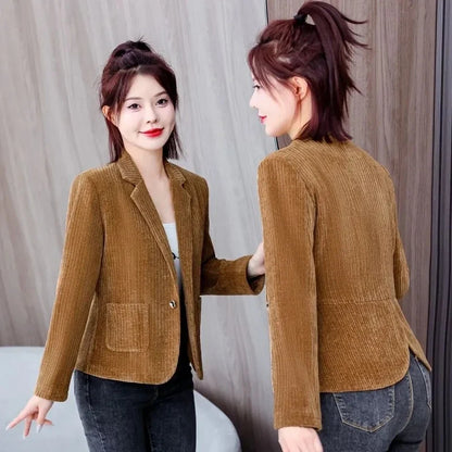 New Casual Suit Jackets Spring Autumn Slim Women‘s Blazer One Button Notched Collar Solid Coat Female Short Jacket Bkack Outwear