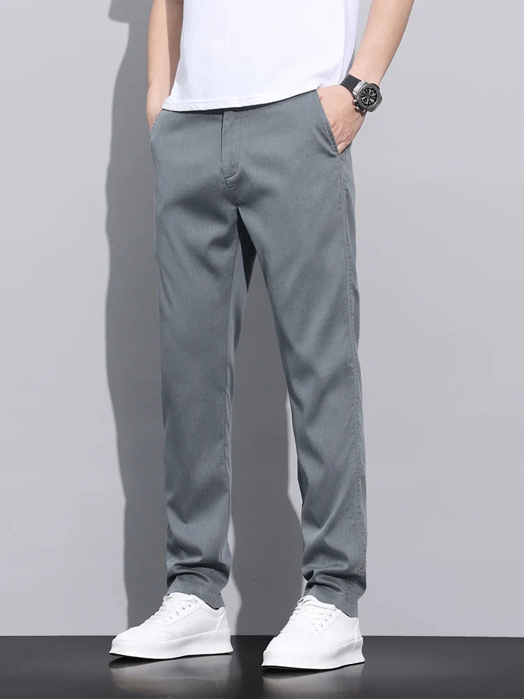 Fiber Fabric Summer Men's Casual Pants Fashion Thin Soft Breathable Elastic Business Slim Straight Trousers Black Gray