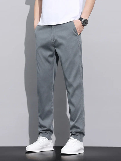 Fiber Fabric Summer Men's Casual Pants Fashion Thin Soft Breathable Elastic Business Slim Straight Trousers Black Gray