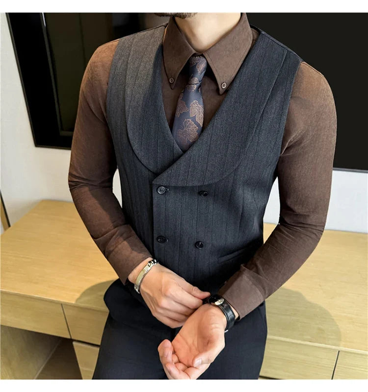 ( Vest+Pants) Autumn Winter Thicken Wool Striped Suit Vest 2 pieces Men Fashion Slim Fit Business Casual Wedding Dress Vest Sets